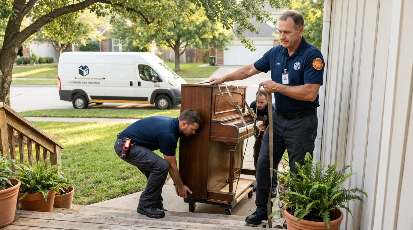 Licensed piano movers securing grand piano in Dimondale, MI
