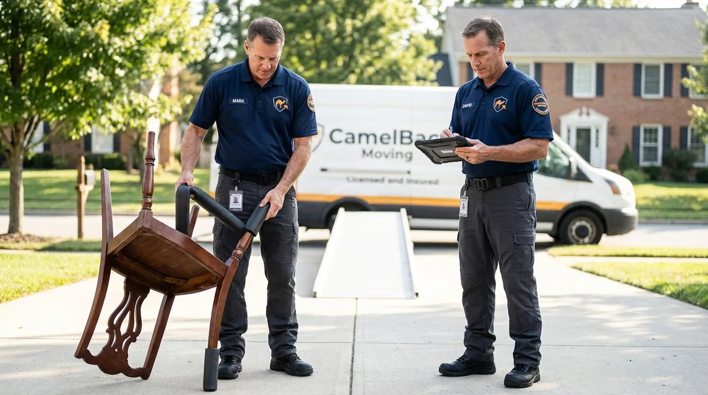 Movers inspecting furniture for damage prevention before loading in Dimondale, MI