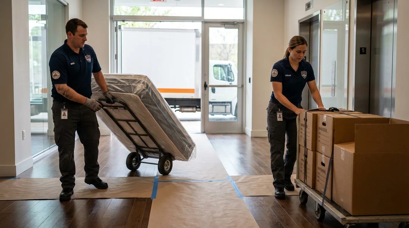 Professional apartment movers loading elevator in Dimondale, MI